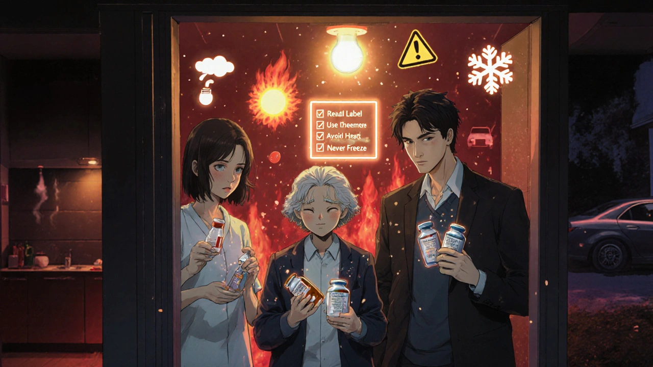 Family safely storing meds in a dry closet, with dangerous locations like bathroom and car blurred in fiery red behind them.