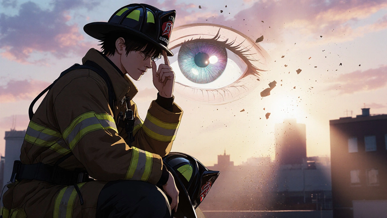 Firefighter touching their eye with a healed PRK cornea glowing, contrasted with a past LASIK flap risk flashback.