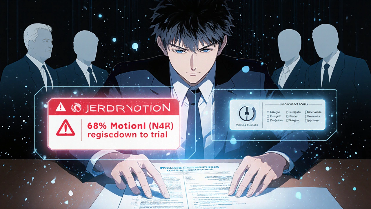 Lawyer using legal tech software with holographic warnings about federal substitution rules.