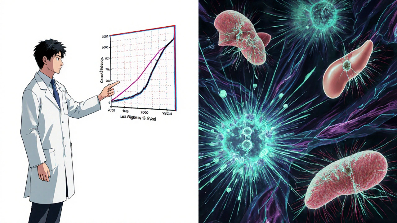 Medical illustration showing liver, muscle, and pancreas under steroid attack with animated glucose and insulin dynamics.