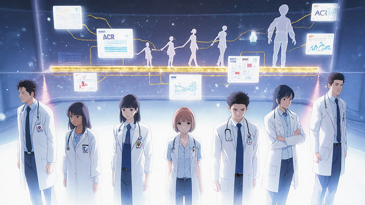 Medical team in training room with animated timeline of biosimilar development and educational resources.