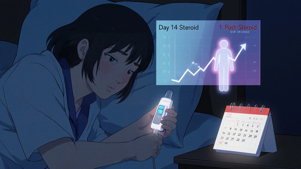 Nurse adjusting insulin pump at night as patient sleeps, glucose levels dropping during steroid taper with dawn light.