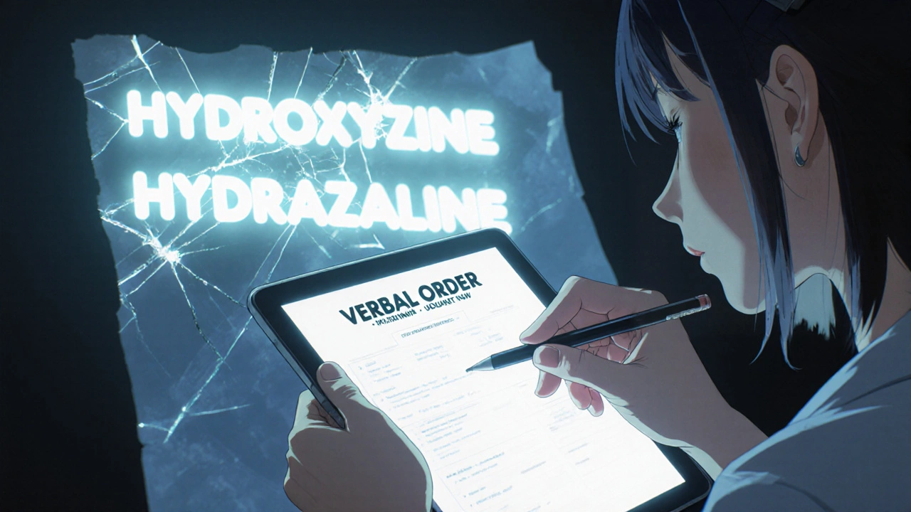 Nurse documents a verbal prescription while a ghostly incorrect drug name flickers beside her, emphasizing the danger of miscommunication.