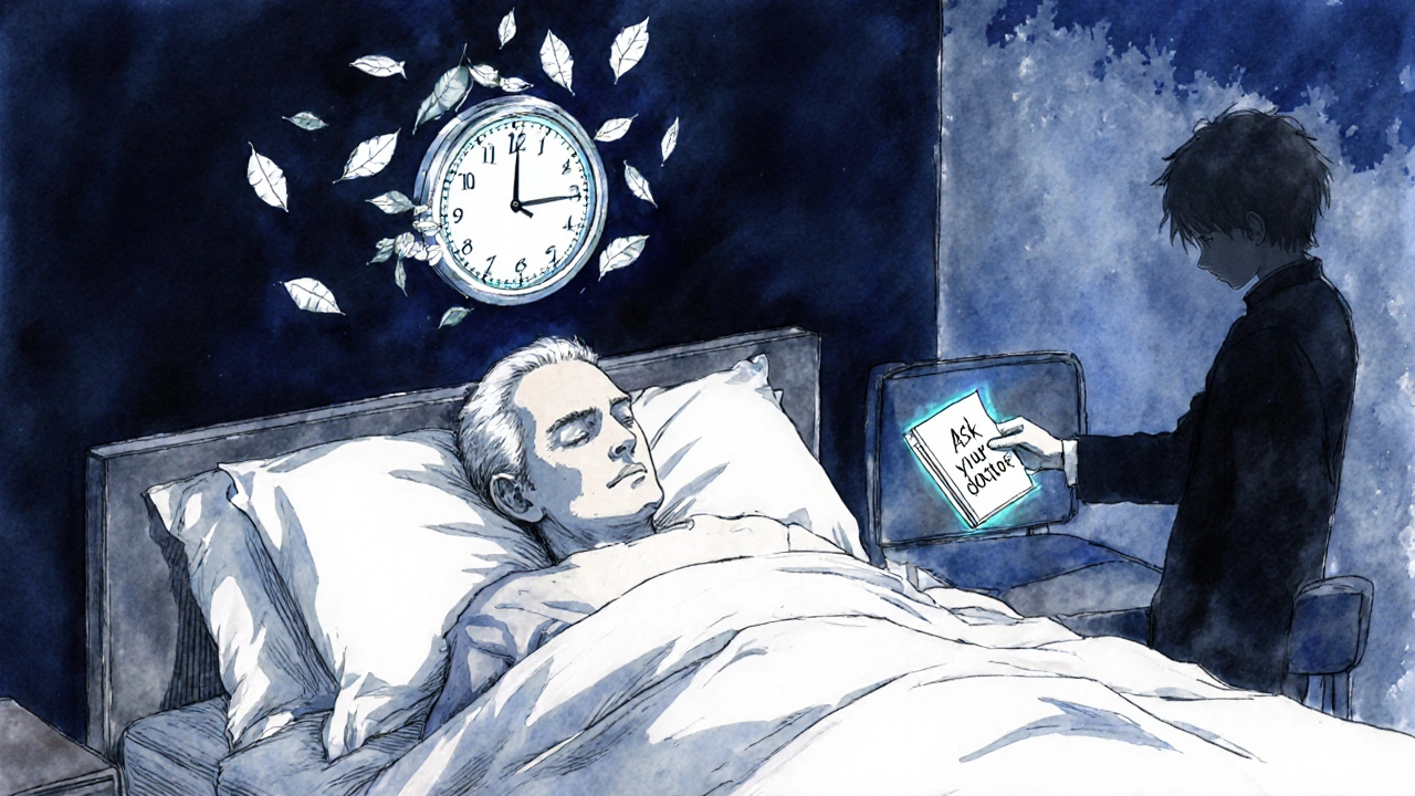 Older man sleeping as dream symbols of CBT-I and a doctor’s note float above him.