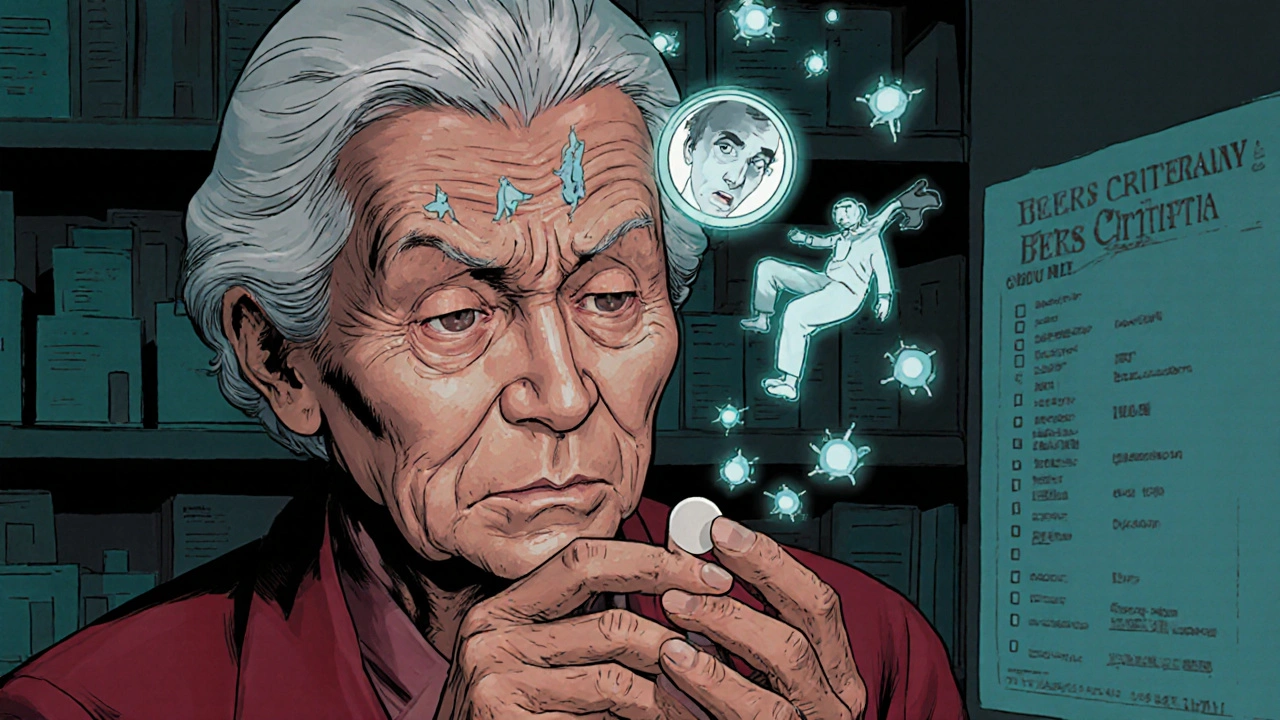 Older woman holding a pill as ghostly molecules cause confusion and fall hallucinations.