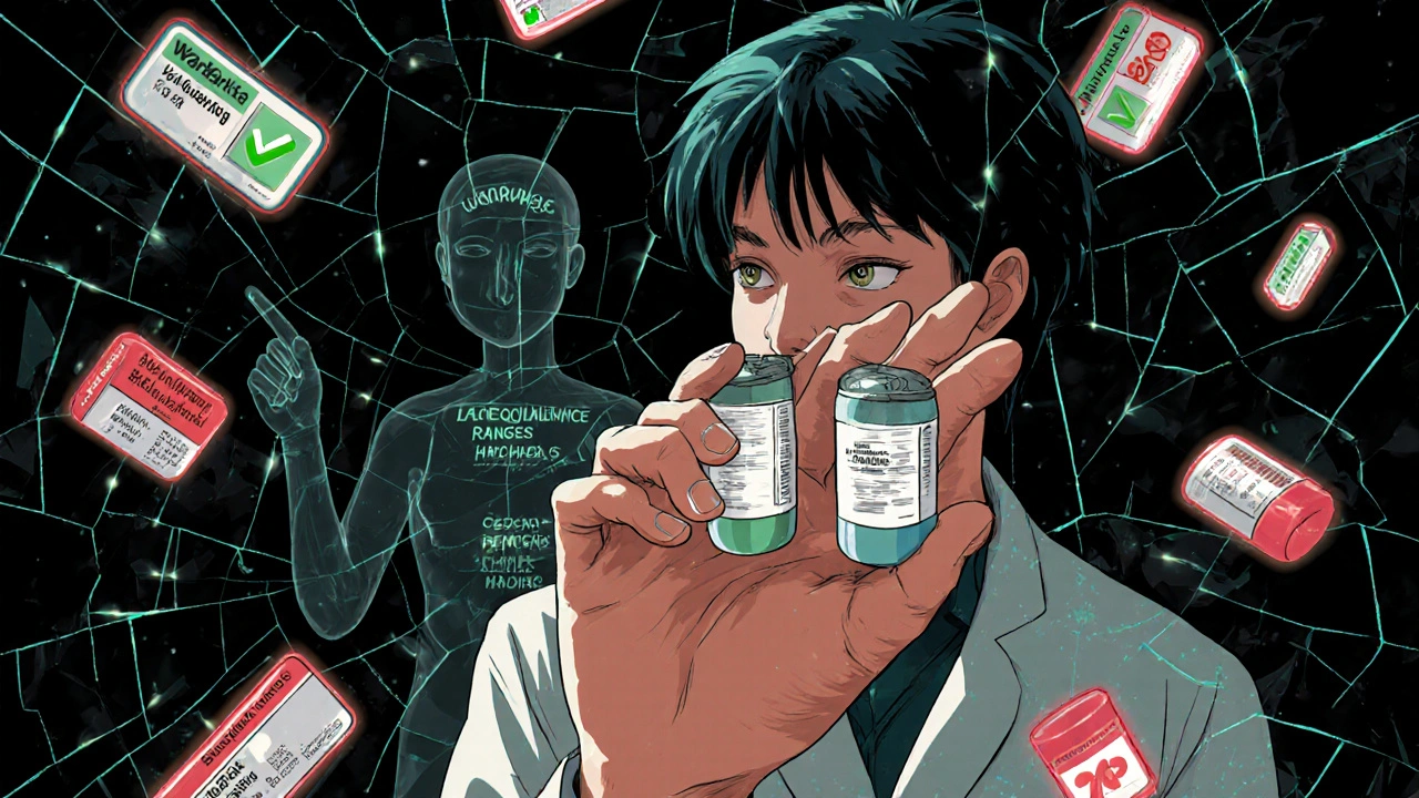 Patient holds generic and brand pills as floating medical data reveals bioequivalence and safety information.