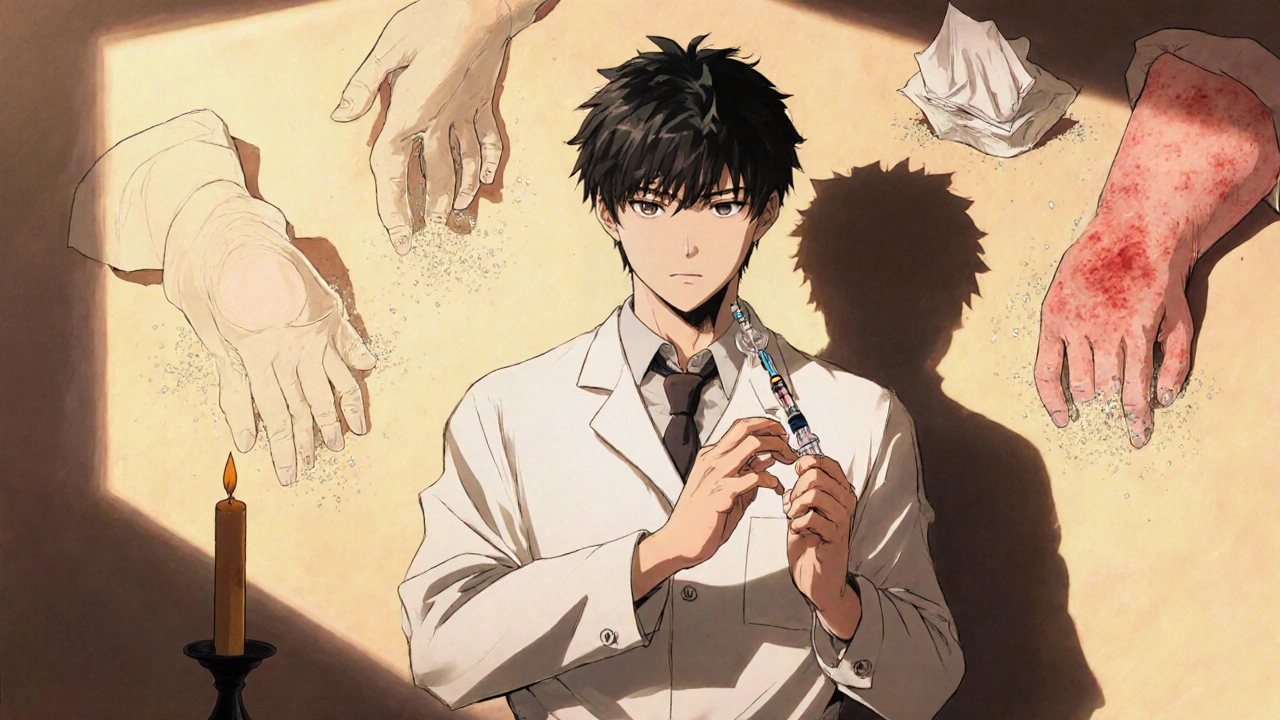 Patient performing injection in a calm ritual space, shadow resembling a heroic pose, past mistakes fading away.