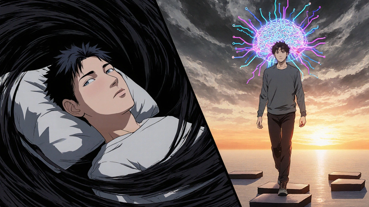 Patient transitioning from vertigo-induced stillness to active vestibular therapy with glowing neural pathways.