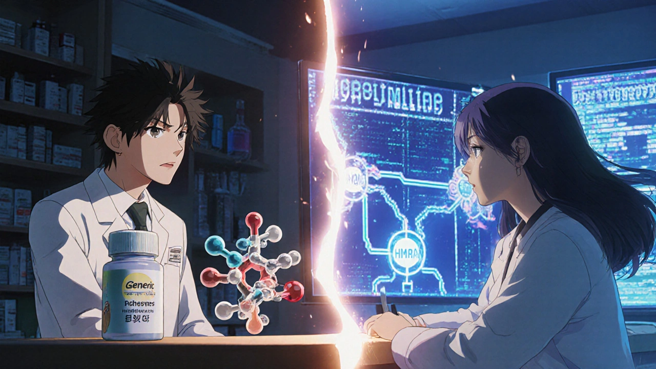Pharmacist explaining biosimilars to a patient, with visual comparison of generic pills and complex protein molecules.