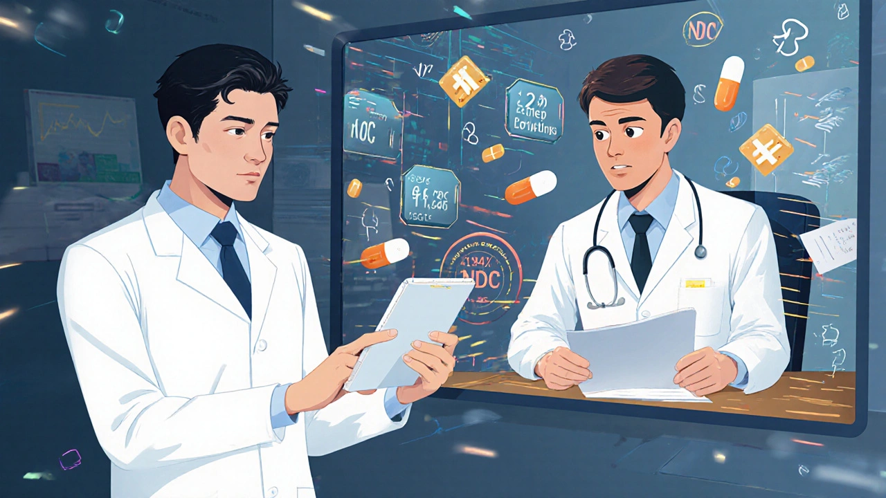 Pharmacist sends secure electronic recommendation to a prescriber, with adherence data appearing in glowing graphs.