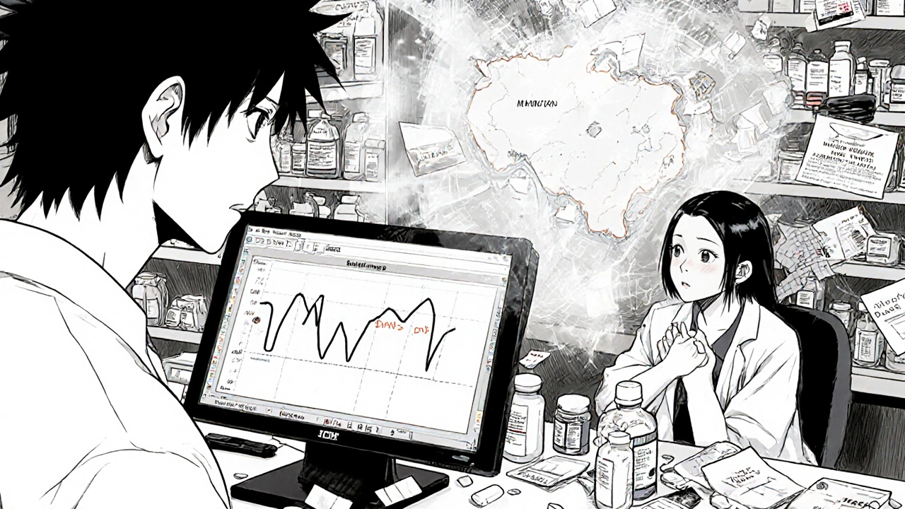 Pharmacist shocked by incorrect prescription code as patient suffers nearby.