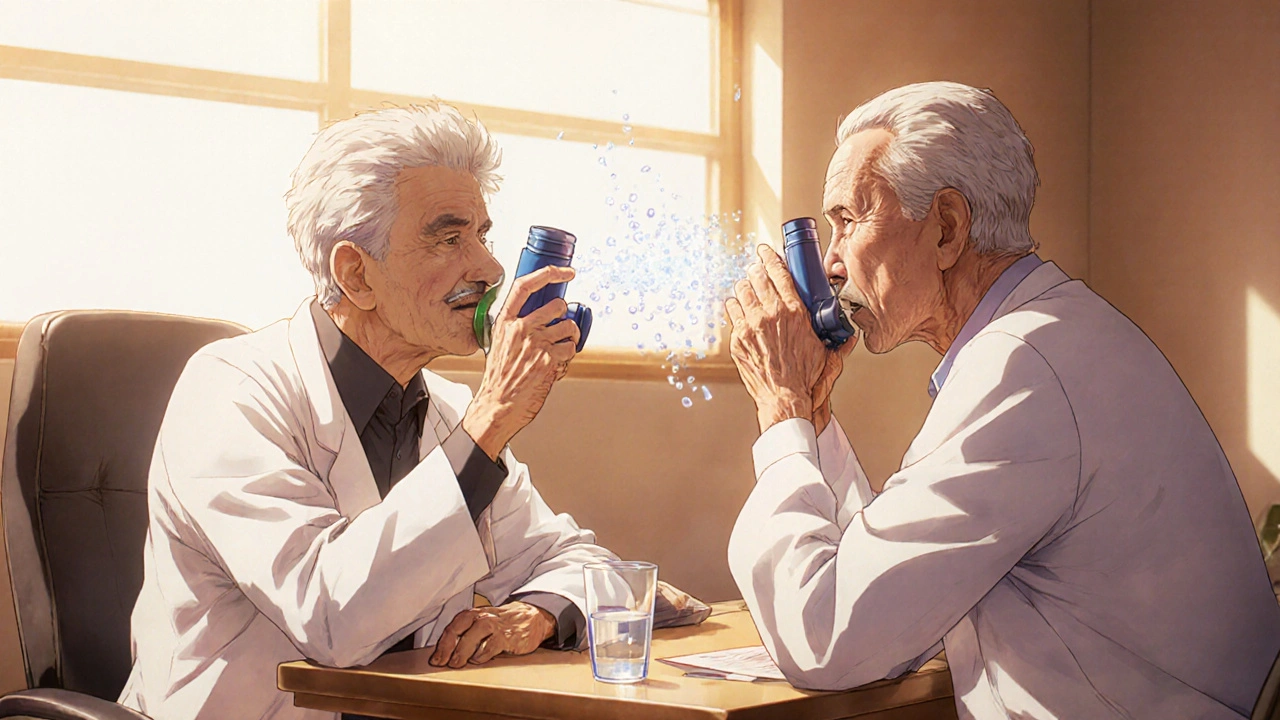 Pharmacist teaching elderly patient correct inhaler technique in a clinic, spacer and water nearby.