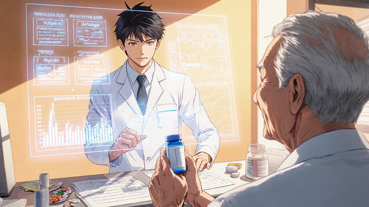 Pharmacist using a holographic dosing algorithm to adjust medication for an elderly patient.