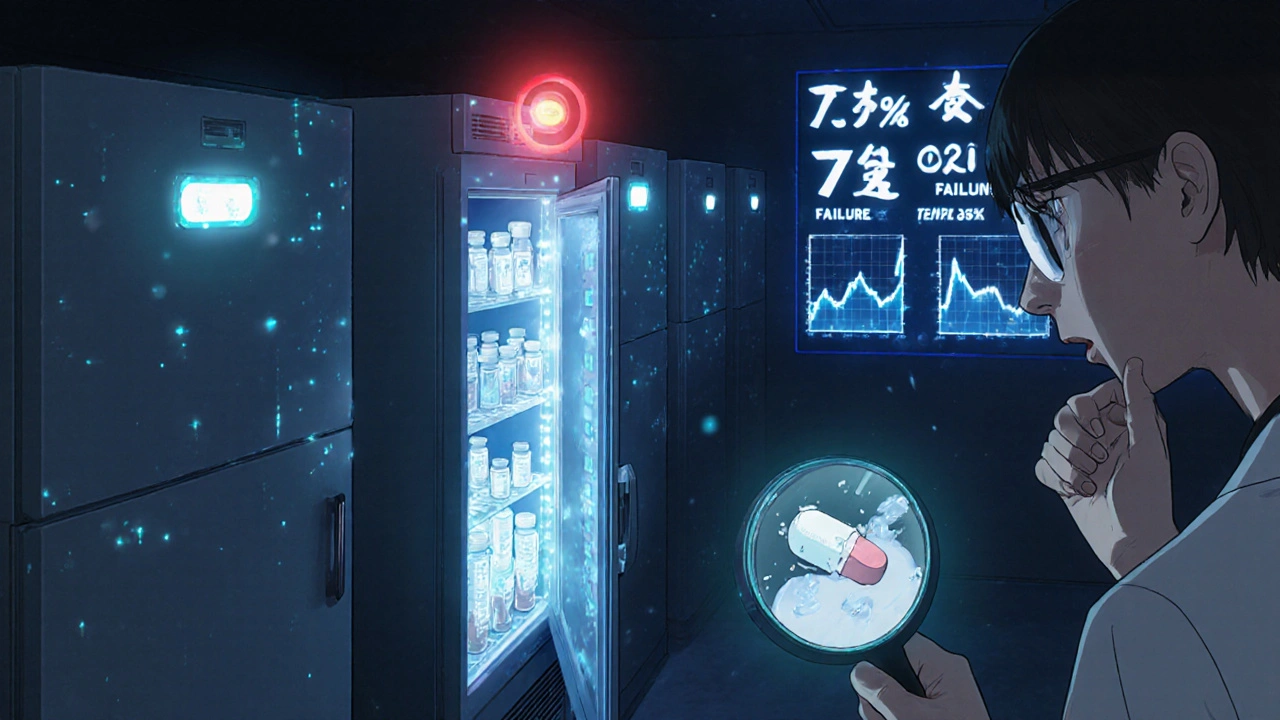 Pharmacy fridge with glowing sensors and a crumbling pill, red alarm flashing as data streams float in the air.