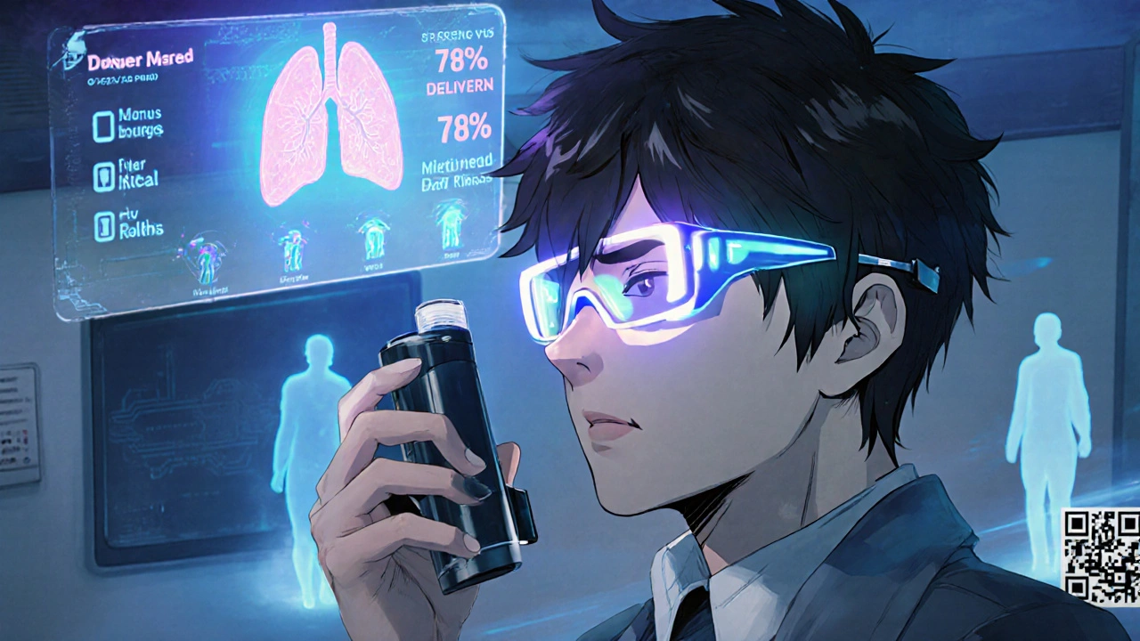 Smart inhaler with holographic lung deposition data, AR glasses showing real-time feedback.