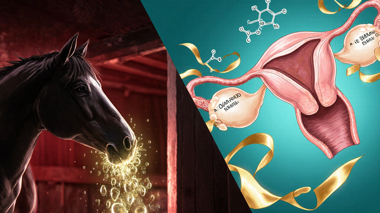 Split image: horse urine forming Premarin vs. human ovary releasing identical estradiol molecules.