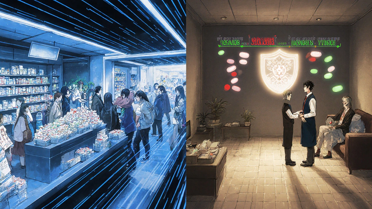 Split scene: chaotic pharmacy vs. calm consultation room with glowing medication timeline.