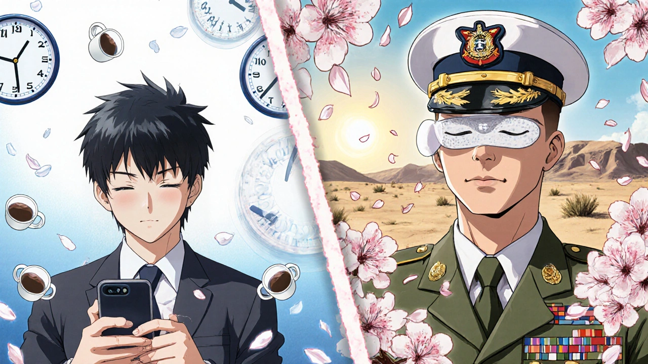 Split scene: office worker with instant vision recovery vs. Marine pilot regenerating cornea like blooming petals.