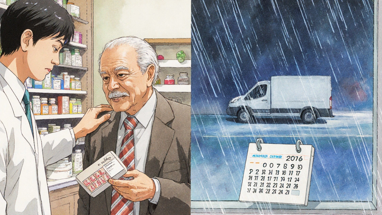 Split scene: pharmacist comforting patient vs. patient confused by identical-looking generic pills at home.