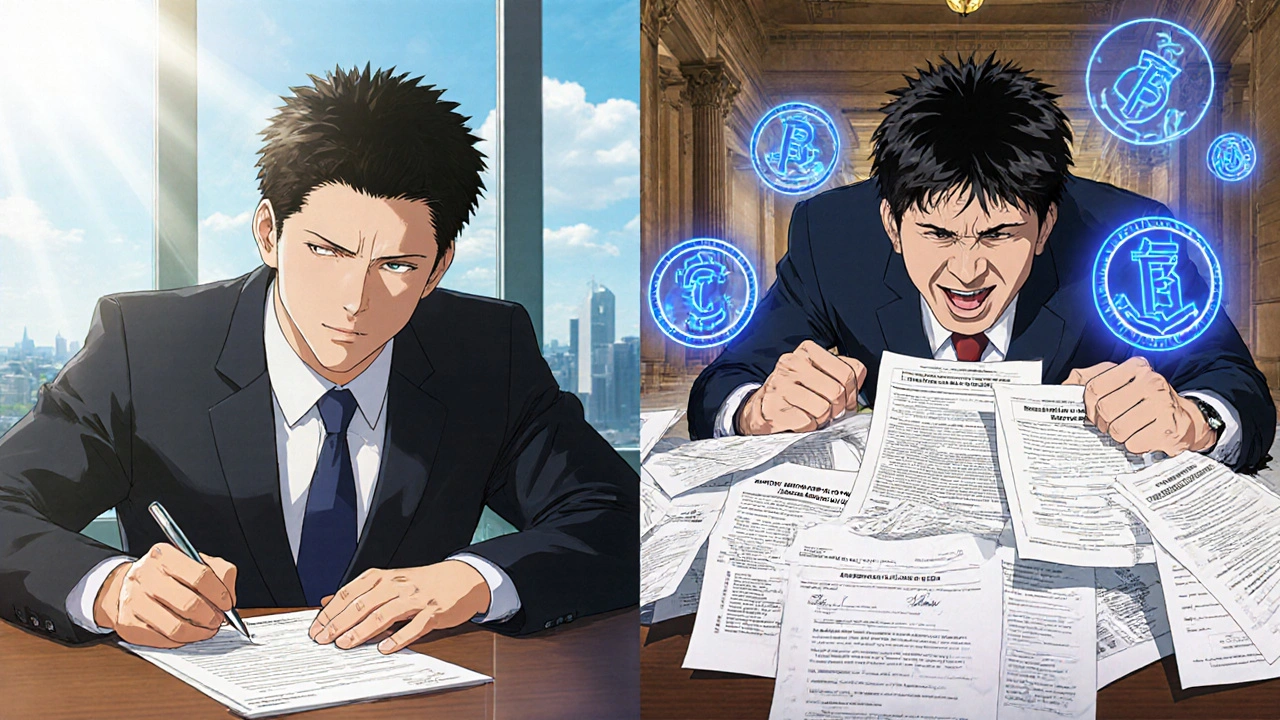 Split scene: relaxed state court substitution vs. overwhelming federal court paperwork.