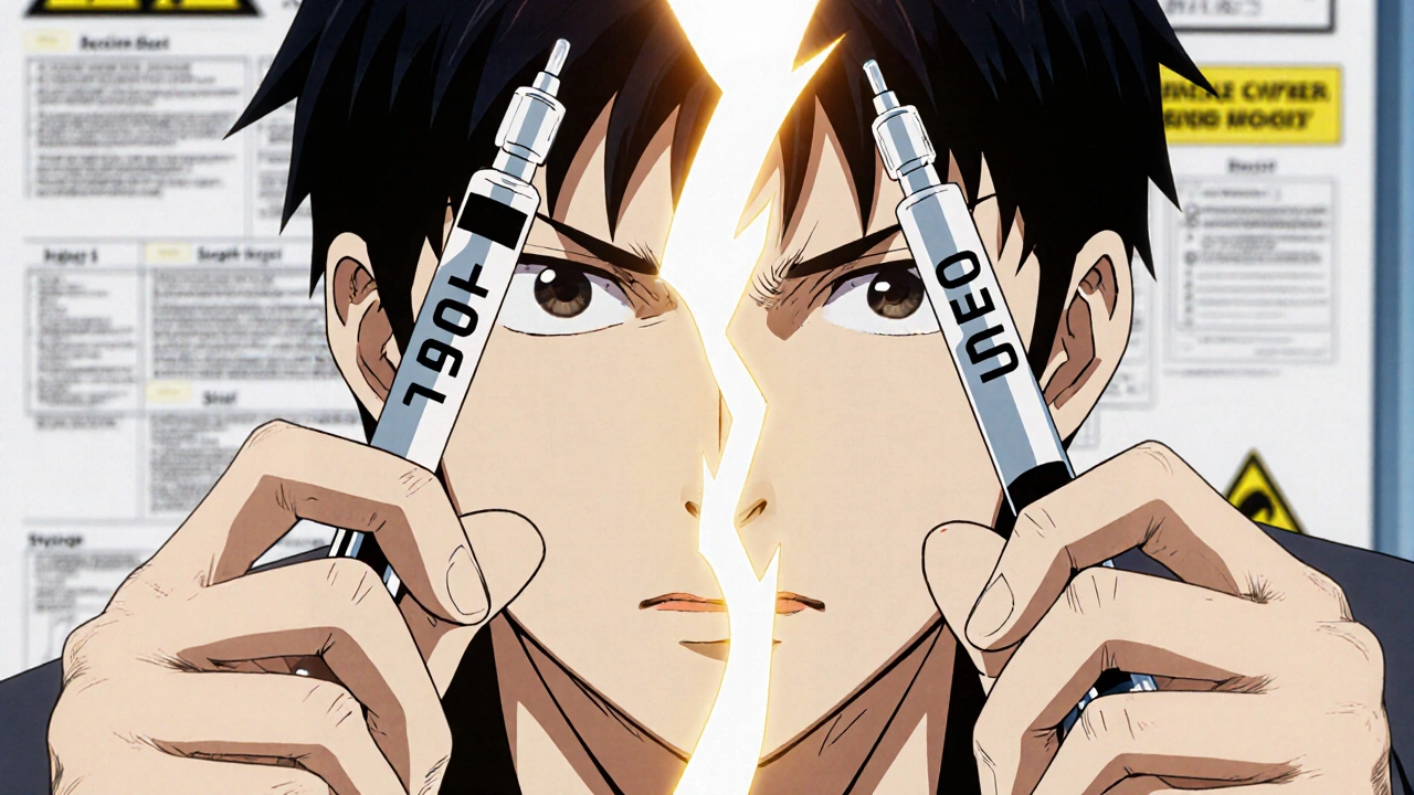 Two insulin pens side by side, U-100 and U-500, with energy crackle between them.