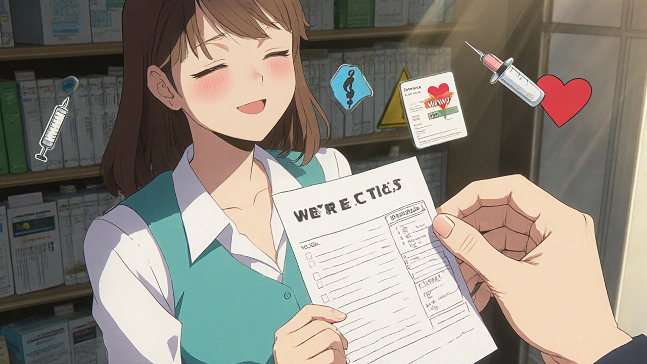 Woman holding medication list as pharmacist places cheaper generic pill beside expensive prescription.