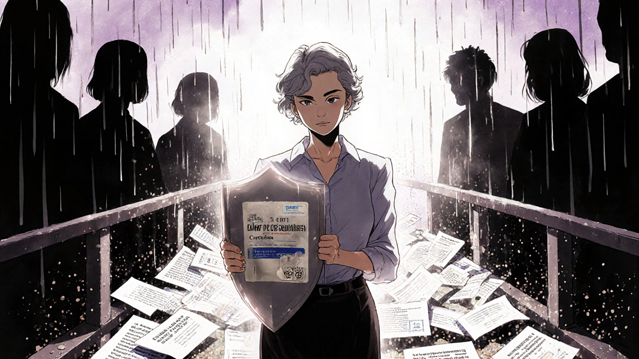 Woman on medical guideline bridge holding estradiol patch as outdated pills crumble behind her.