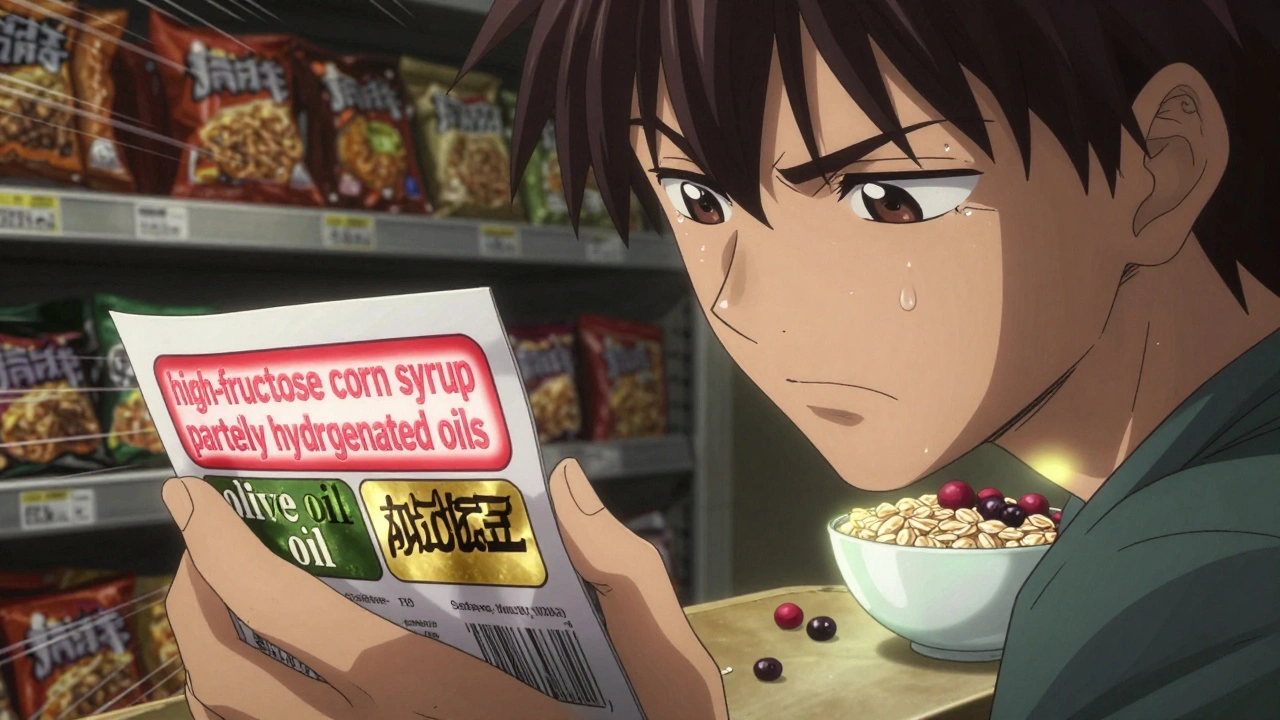 A hand examining a food label, warning ingredients glowing red