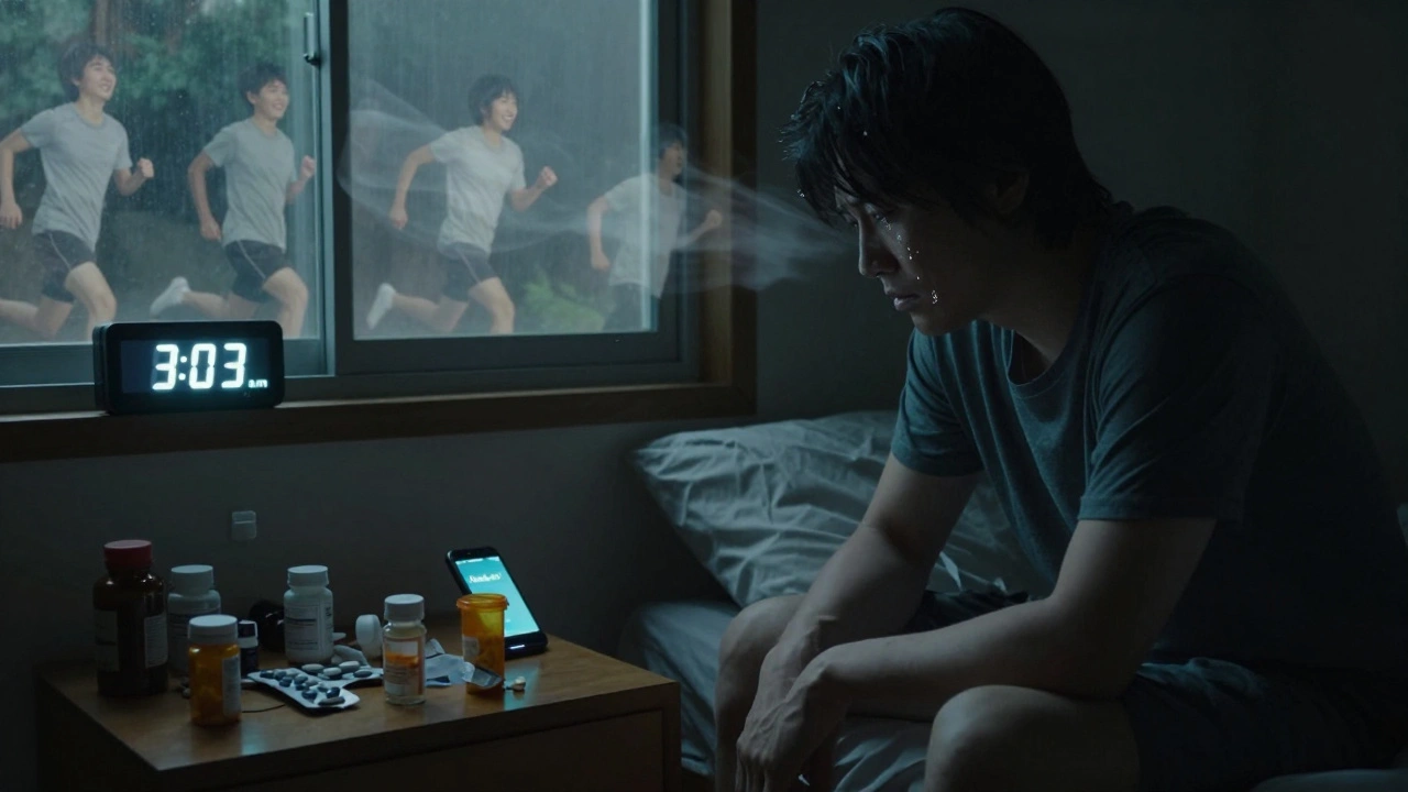 A man stares at unopened pills at night, ghostly memories of his healthier past flicker behind him.