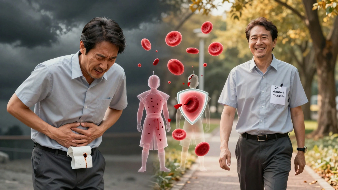 A man transformed from bleeding pain to peaceful walking, with blood cells illustrated as warriors in a split-panel scene.