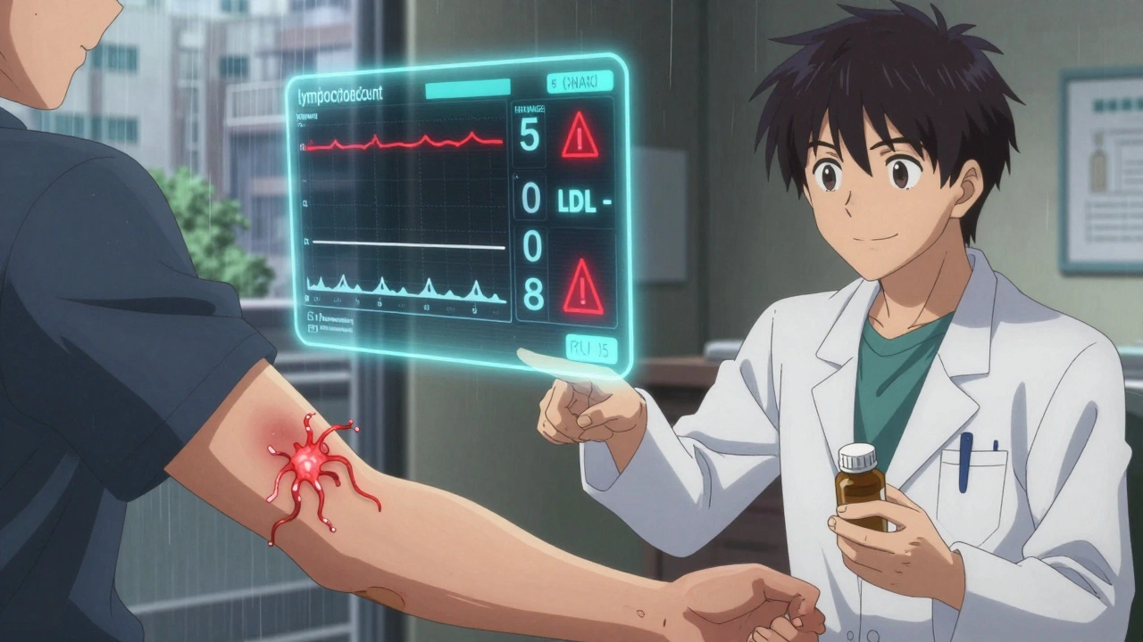 A medical hologram displays warning blood metrics while a shingles rash begins to appear.