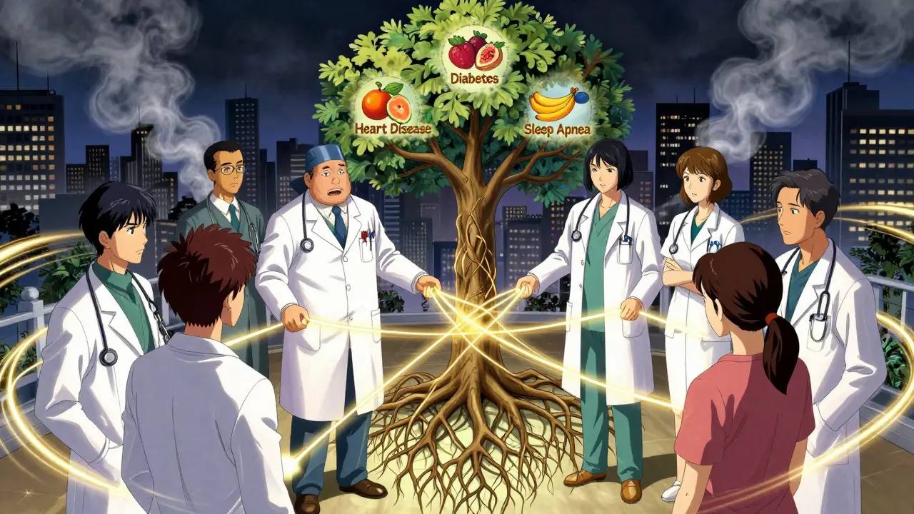 A medical team linked by golden threads to a tree representing obesity's three comorbidities, with a cityscape of rising healthcare costs in the background.