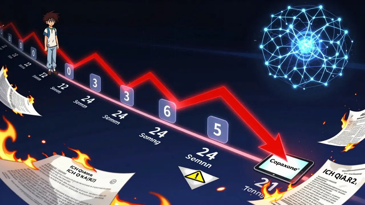 A multi-year timeline with test data points and a red downward trend arrow piercing a degraded tablet, surrounded by regulatory warnings.