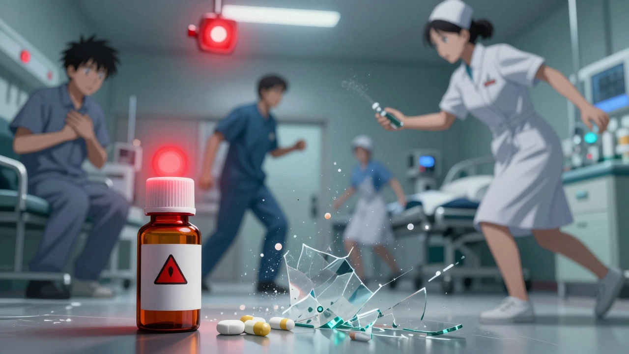 A nitroglycerin tablet lies unused on a hospital floor beside an expired bottle as medical staff rush toward a chest-pain patient.