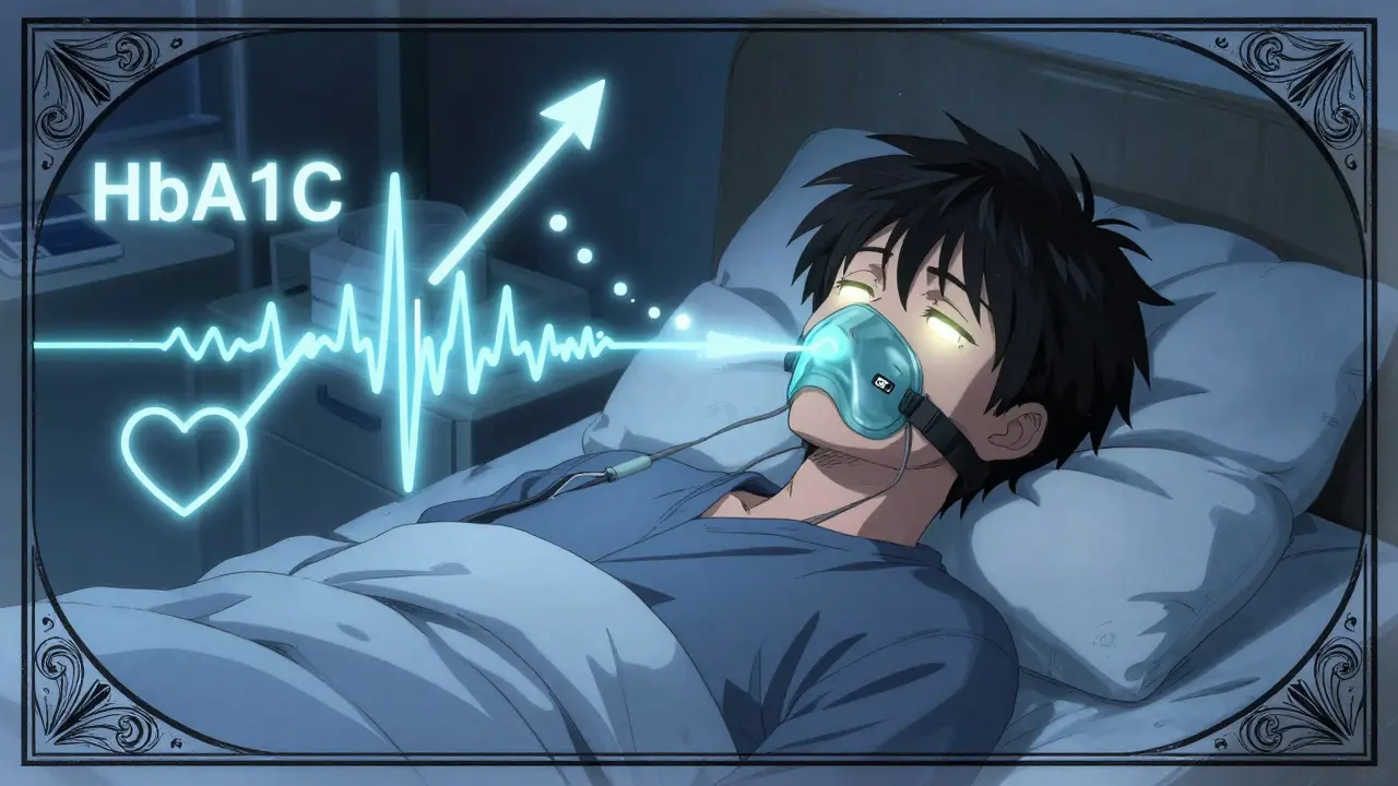 A patient asleep under a CPAP mask, surrounded by floating symbols of blood sugar, heart rhythm, and waistline changes in a quiet clinic at night.