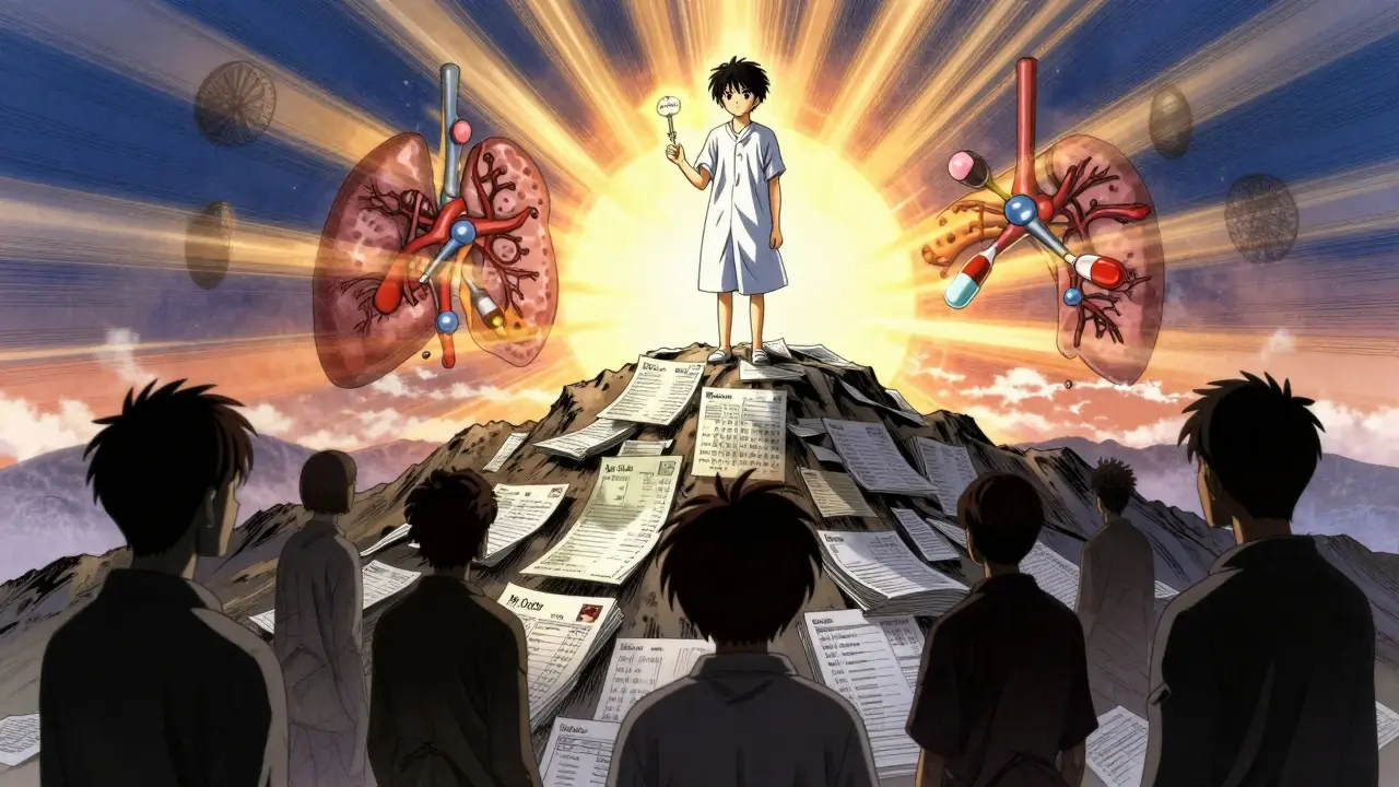 A patient atop a mountain of records holding a key labeled 'My Data', as dawn illuminates medical symbols.