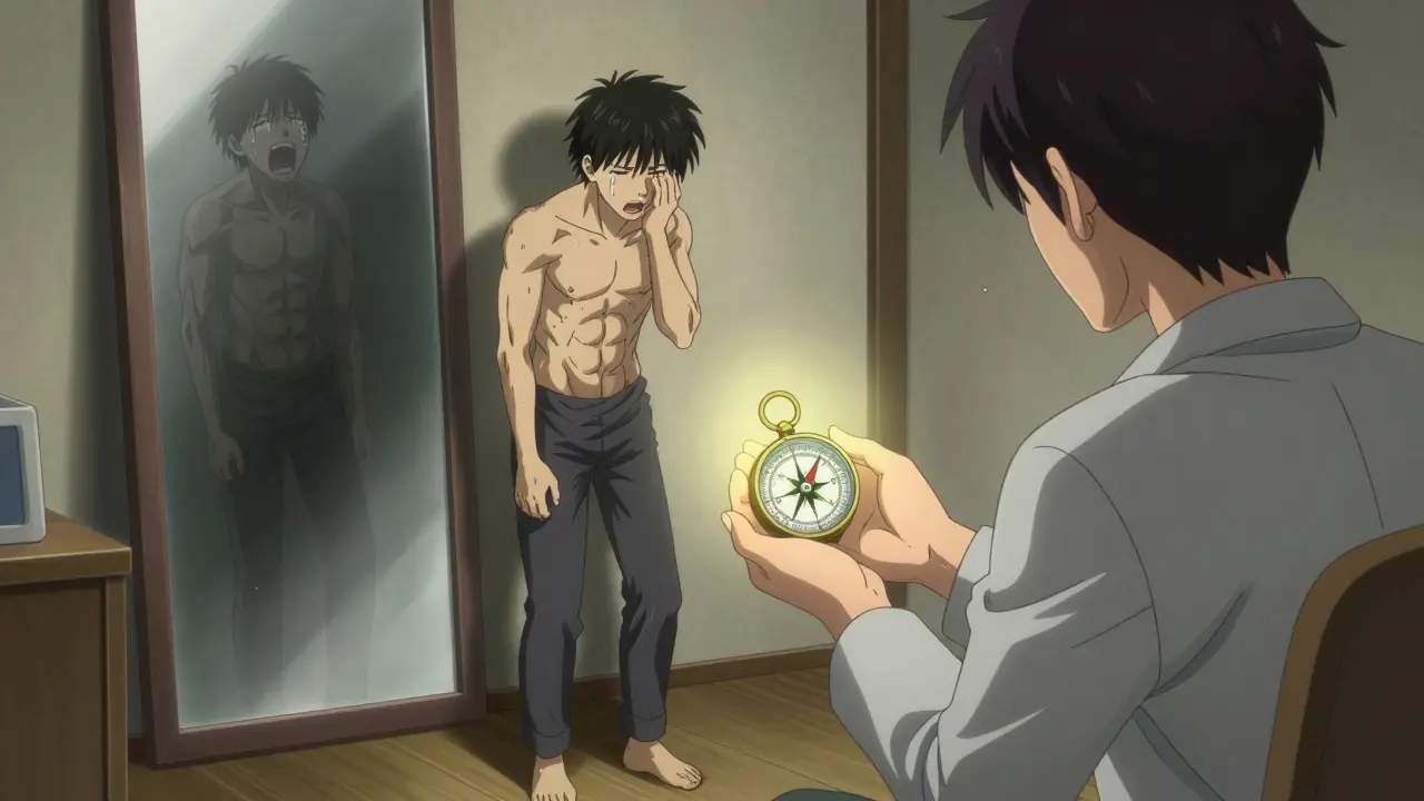 A patient facing a distorted reflection in therapy, with a therapist offering a glowing compass to ground them.