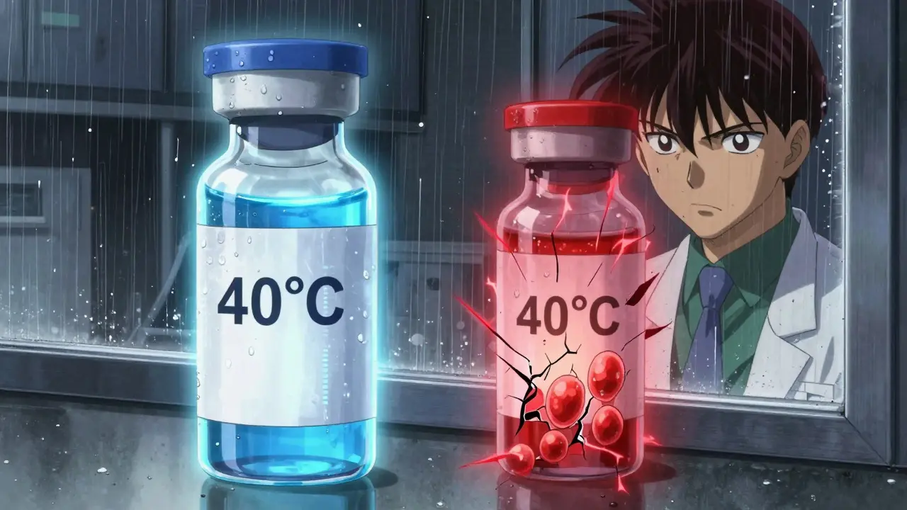 A refrigerated vaccine vial at 5°C contrasted with a heat-damaged vial at 40°C, showing lipid nanoparticle rupture and condensation.