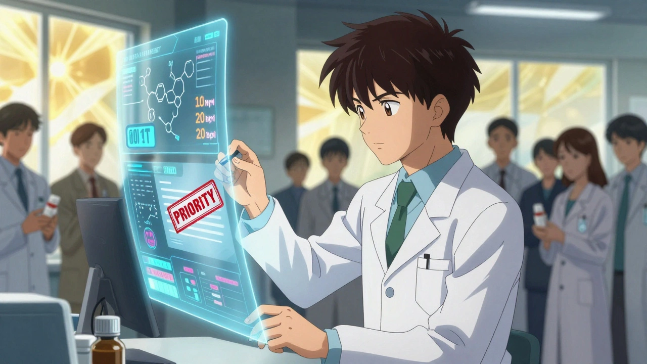 AI-powered FDA lab with holographic data and a priority approval stamp glowing in light.