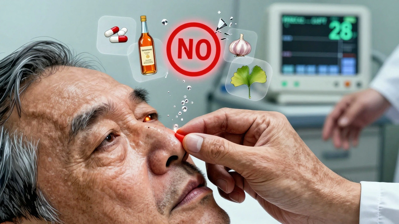 An elderly person stopping a nosebleed with blood droplets frozen mid-air, surrounded by forbidden risk icons.