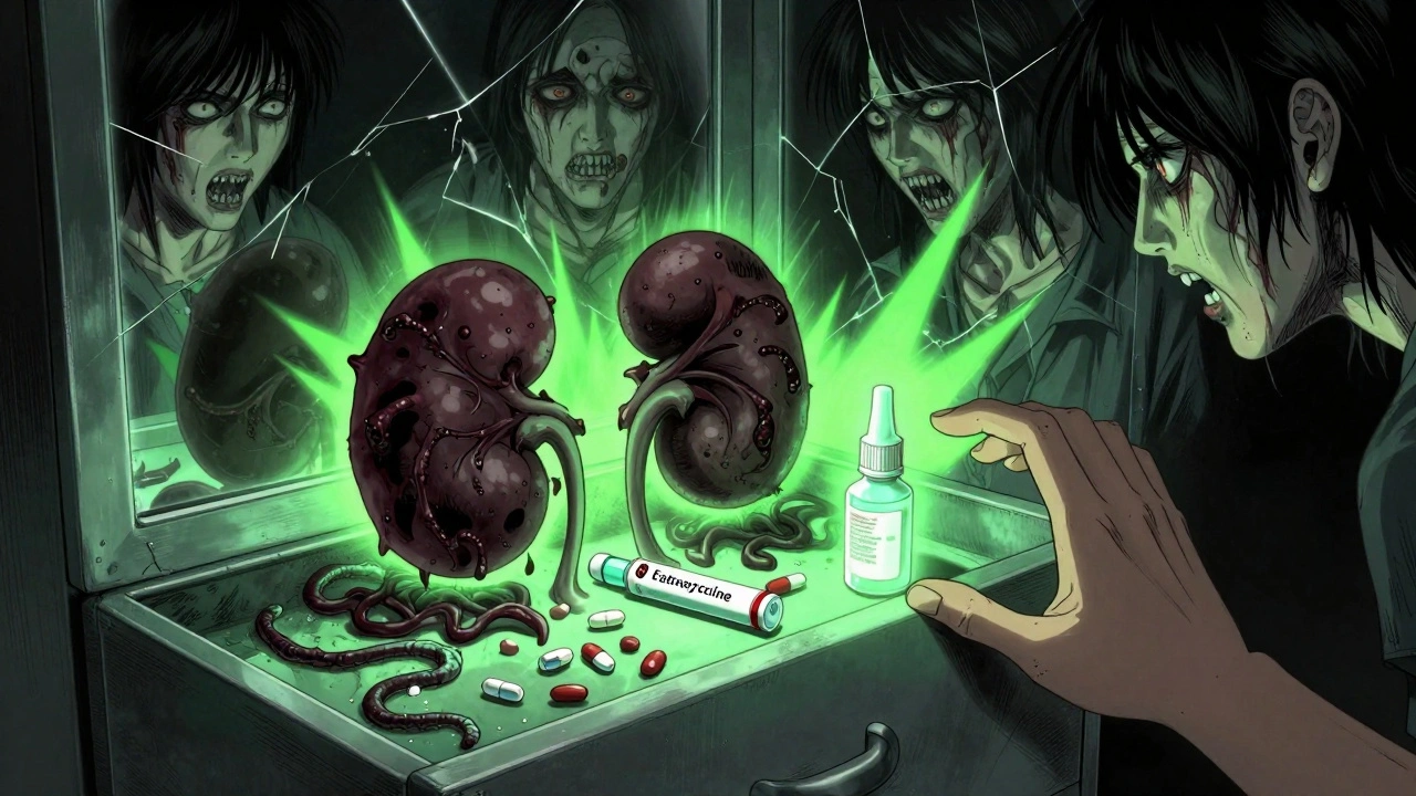 An open medicine cabinet emits green light as expired pills transform into shadowy kidney shapes crawling out.