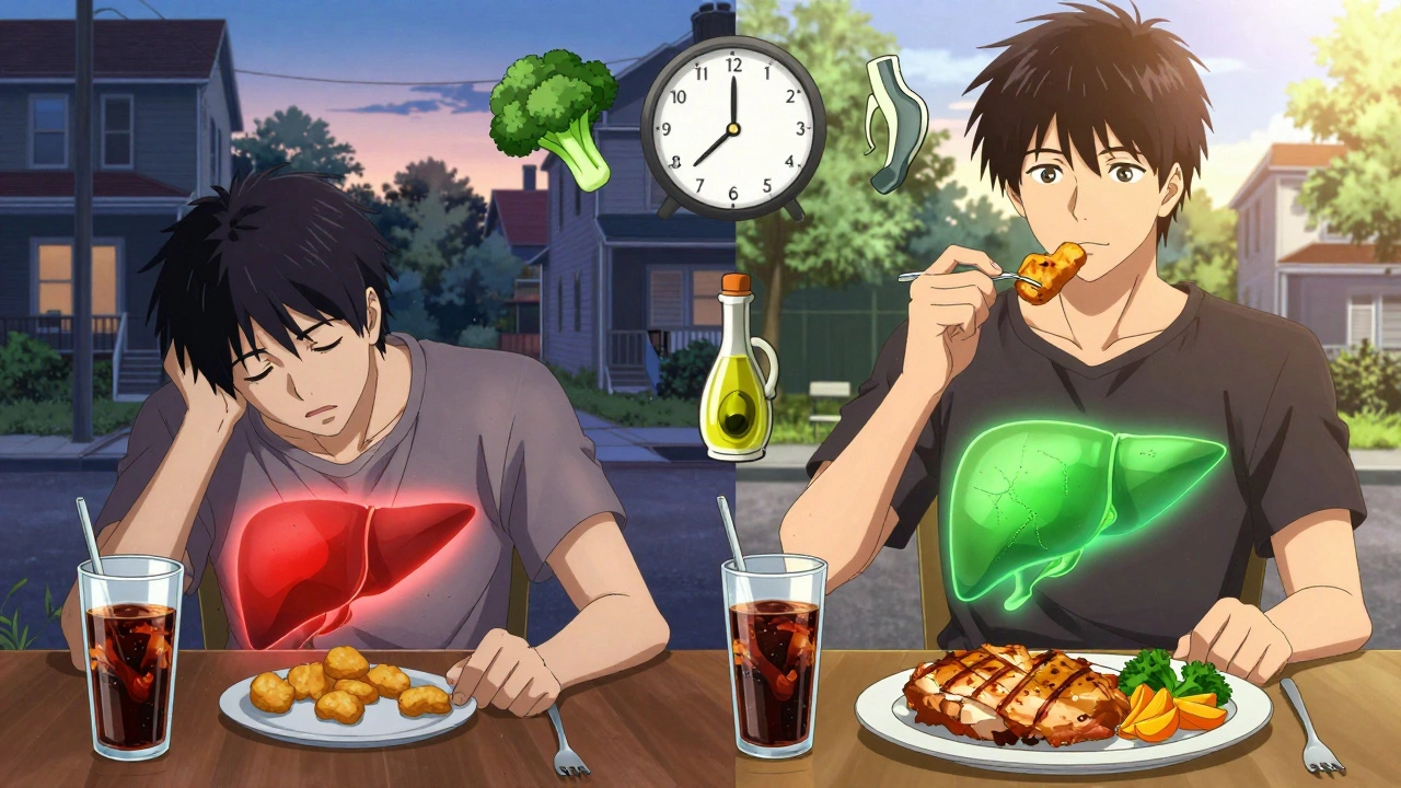 Before and after transformation of a man with fatty liver, showing improved health