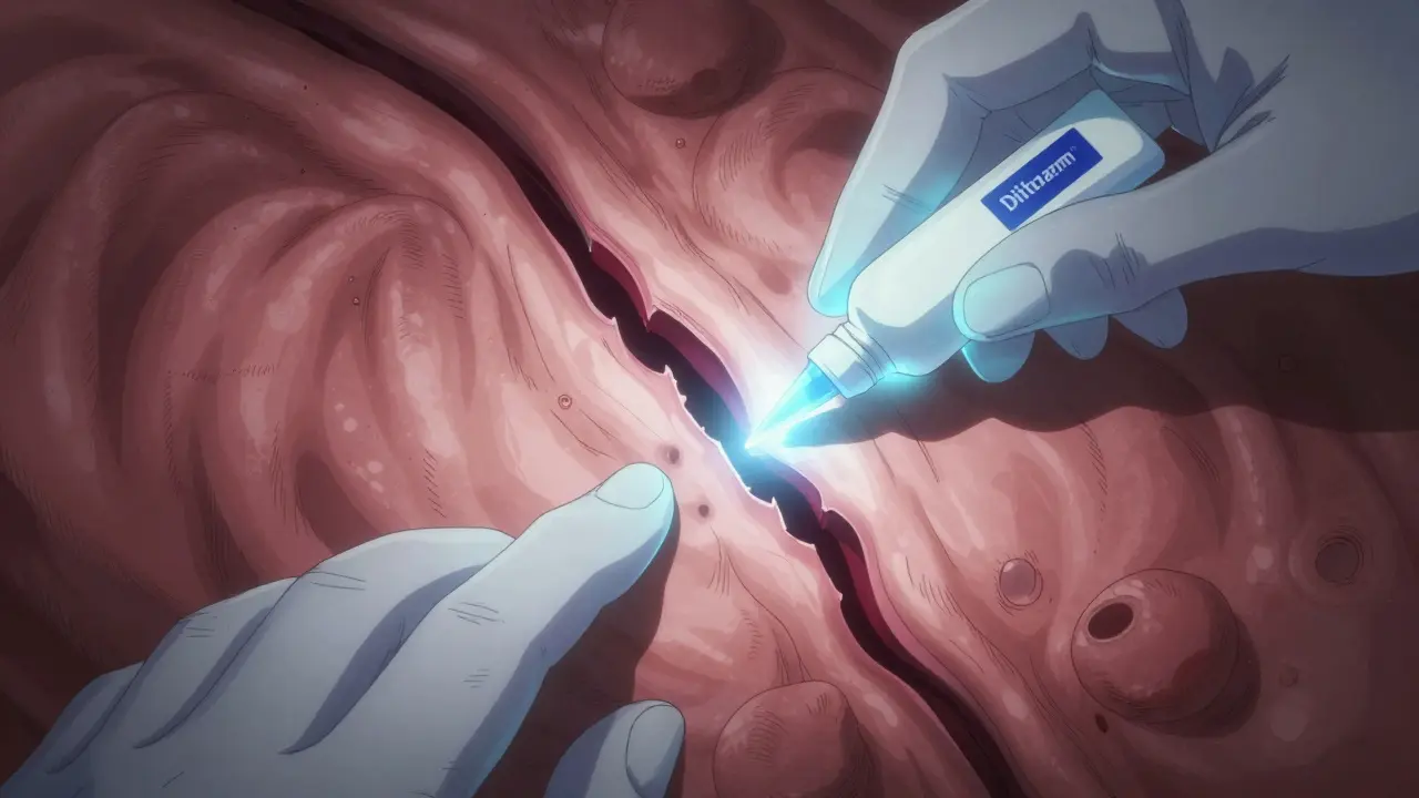 Close-up of a healing anal fissure with glowing ointment application and medical symbols of restored blood flow.