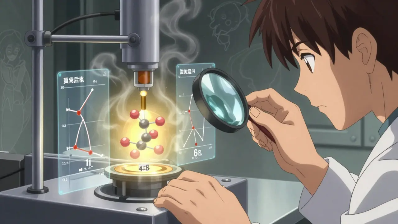 Close-up of hands calibrating a dissolution apparatus with precise drug release profiles displayed in light.