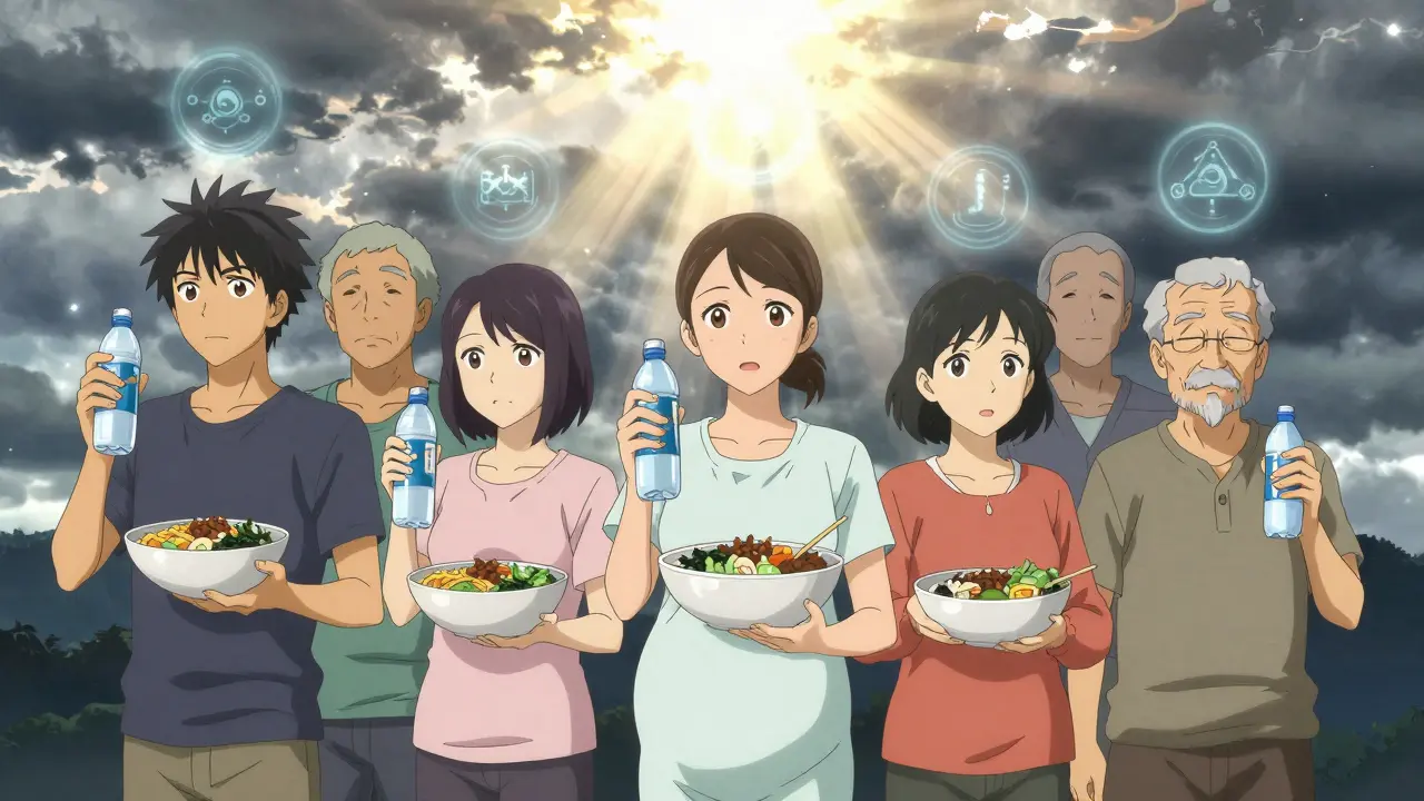 Diverse patients holding fiber and water, standing together under sunlight as healing symbols float above them.