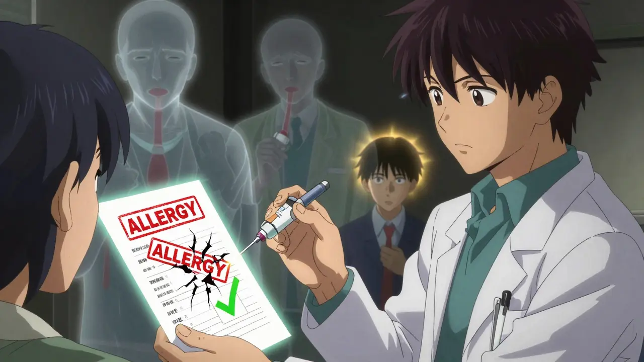 Doctor removing a misdiagnosed allergy label from a medical record with glowing test results