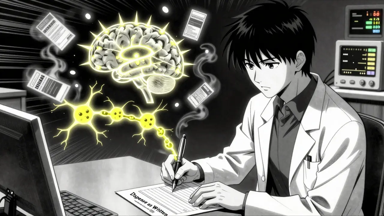Doctor writing 'Dispense as Written' on a prescription, with glowing neurons and dissolving drug labels in the background.