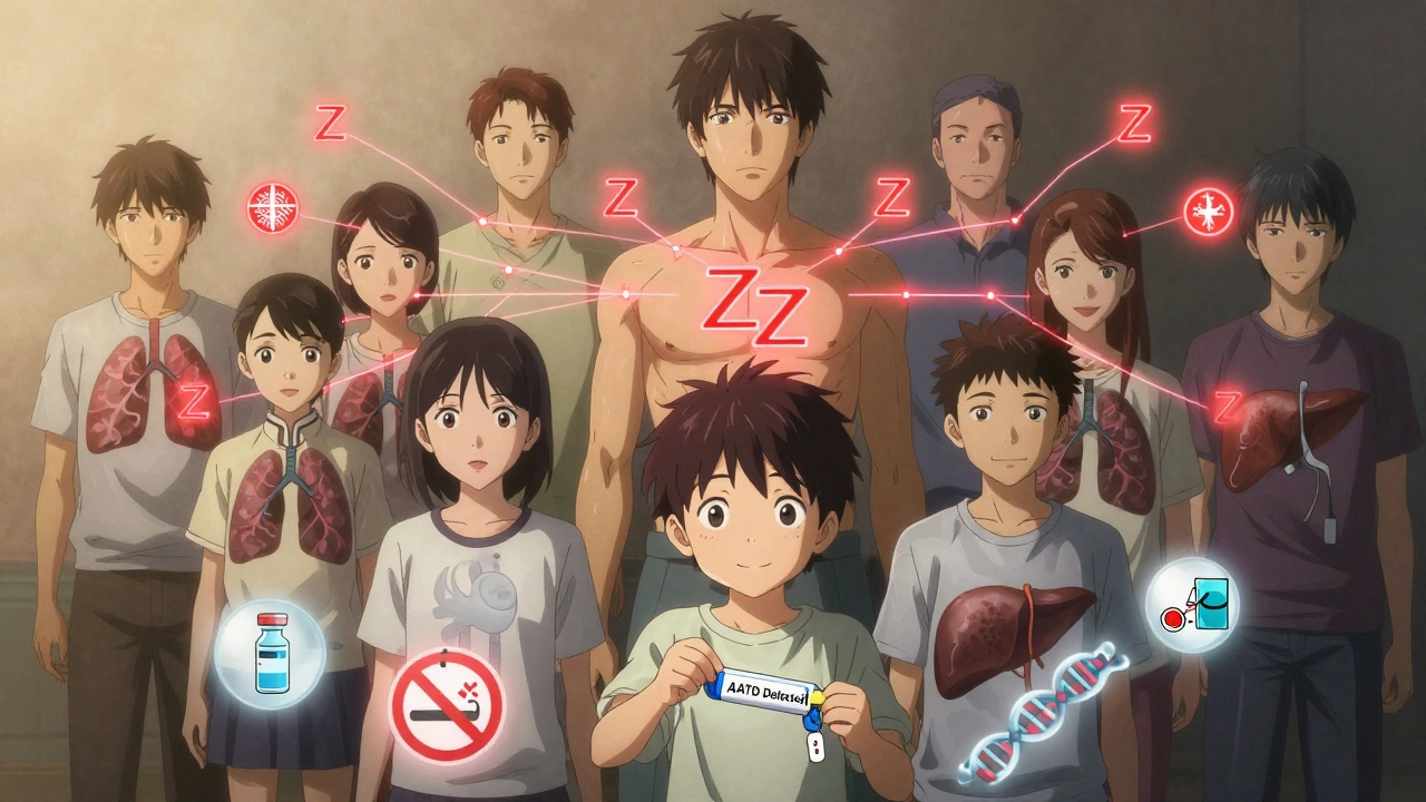 Family tree with genetic markers showing AATD inheritance, child holding newborn screening bracelet.