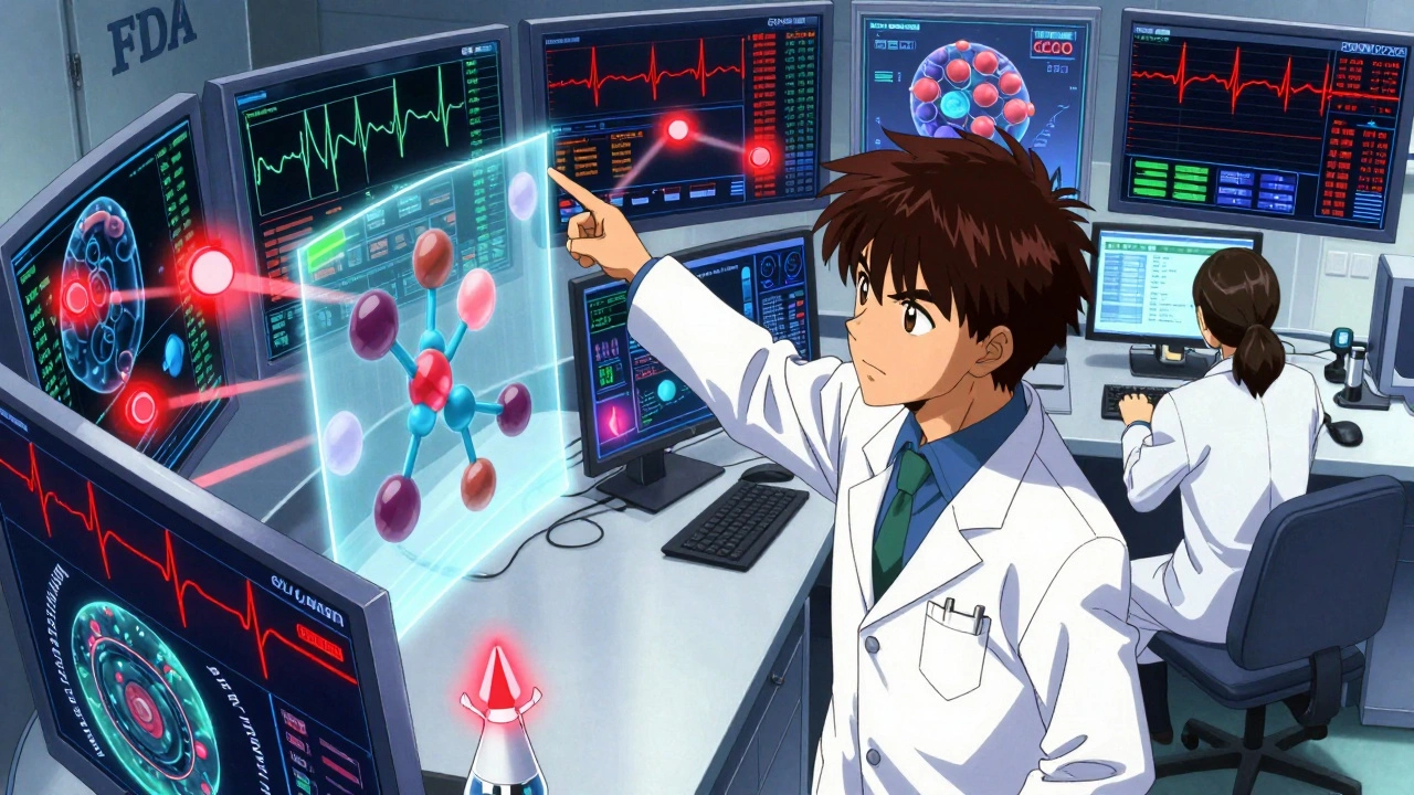 FDA scientists analyze holographic drug data with red alert signals glowing on screens.