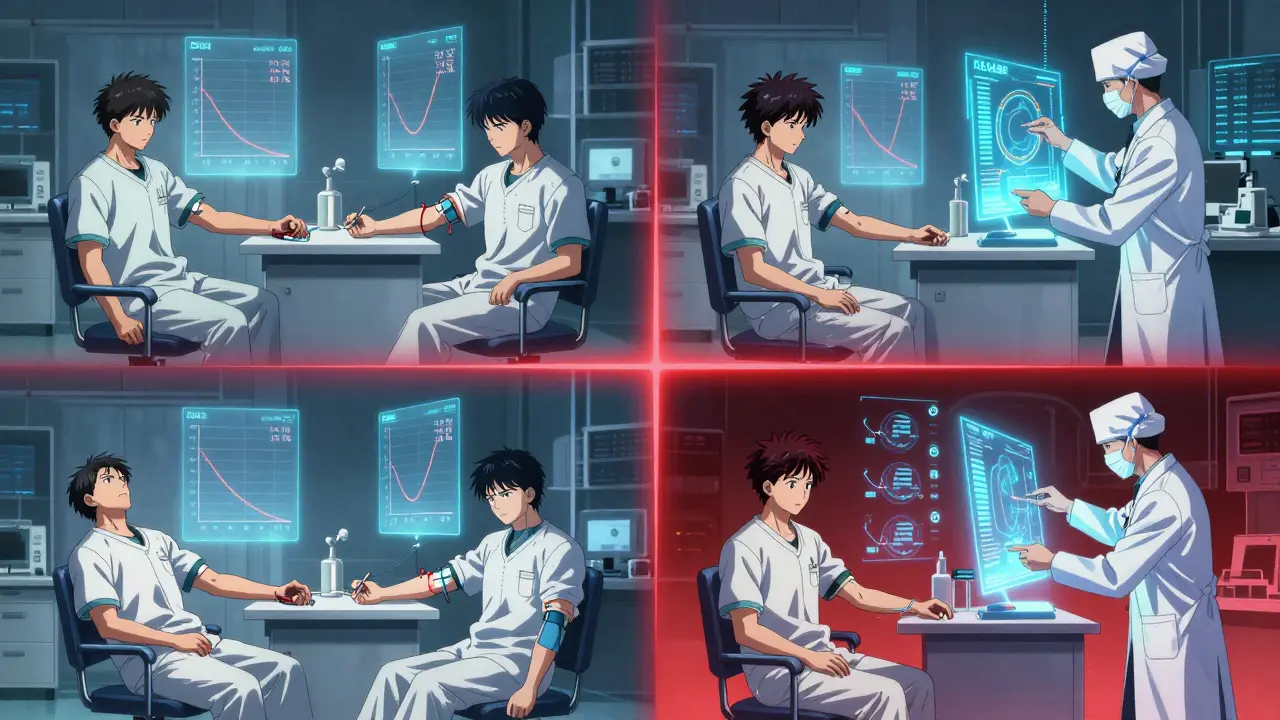 Four volunteers in a clinical trial with floating bioequivalence graphs and a scientist analyzing data.